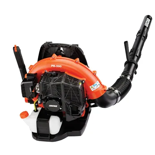Orange-and-black backpack leaf blower with attached hose and nozzle on a white background