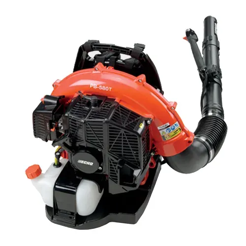Red and black backpack leaf blower with flexible hose and fuel tank on white background