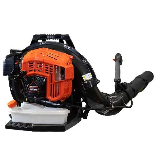 Backpack leaf blower with orange engine housing and black hose on white background
