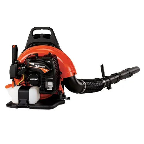 Orange and black backpack leaf blower with a long black nozzle on a white background