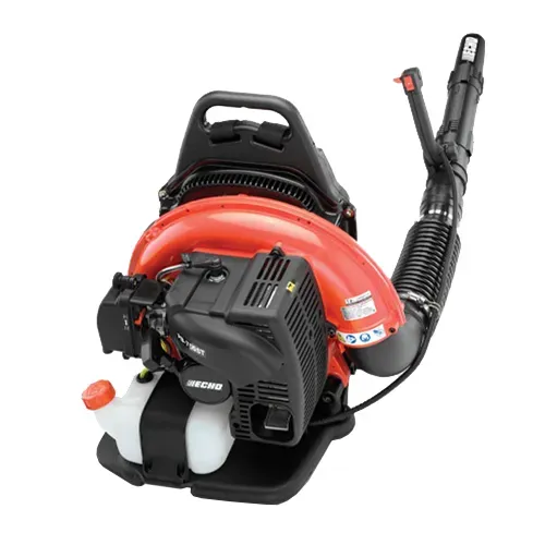 Red backpack leaf blower with black harness and hose on a white background