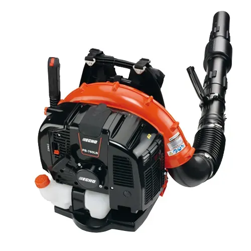 Orange and black backpack leaf blower with attached flexible hose and nozzle