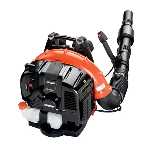 Orange and black backpack leaf blower with attached flexible nozzle on a white background