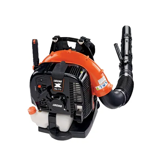 Orange and black backpack leaf blower with hose and fuel tank on white background