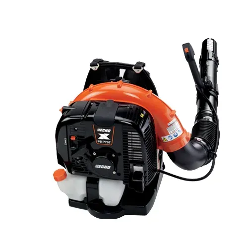 Backpack leaf blower with orange top and black body, shown on a white background