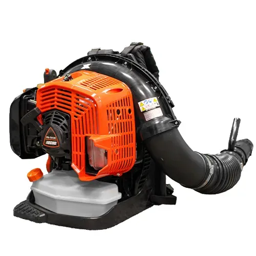 Orange and black backpack leaf blower with hose and fuel tank on a white background