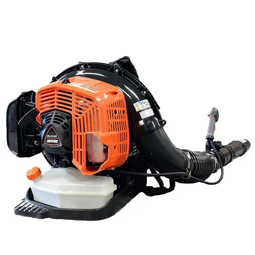 Orange-and-black backpack leaf blower on a white background