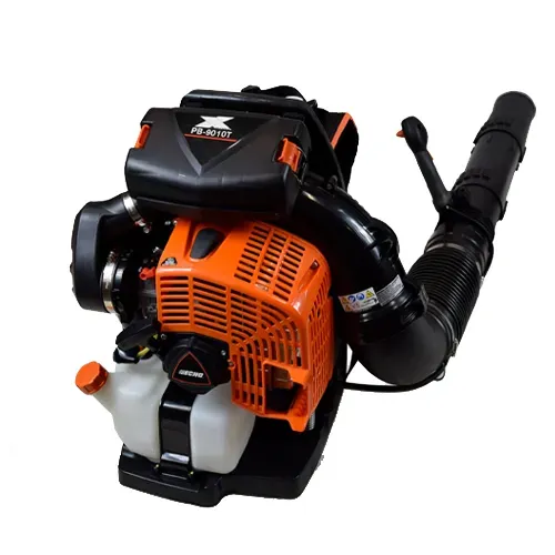 Orange-and-black backpack leaf blower with attached hose and fuel tank on a white background