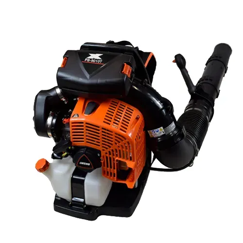 Orange and black leaf blower with shoulder harness and long black hose on white background