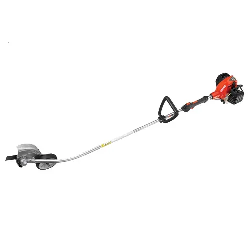 Gas-powered string trimmer with red engine and silver shaft on a white background