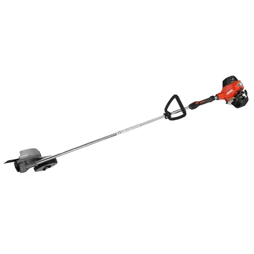 Gas-powered string trimmer with orange engine and long silver shaft on white background