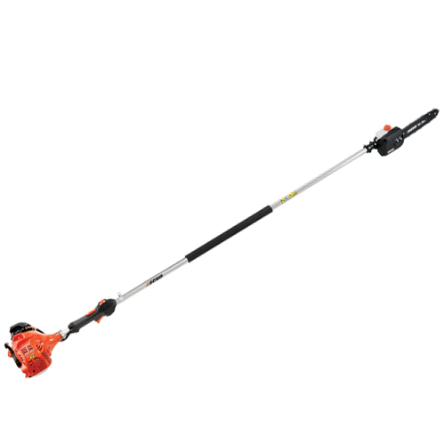 Gas-powered string trimmer with long silver shaft and orange engine, isolated on white background
