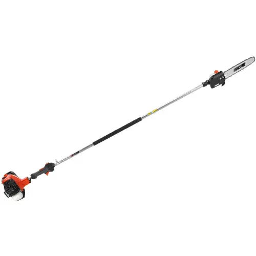 Orange and black pole saw with extended telescoping shaft on a white background