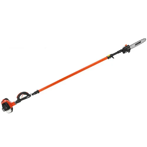 Orange and black cordless pole saw with extended shaft on white background