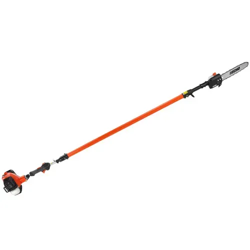 Orange-and-black cordless pole saw with extended shaft on a white background