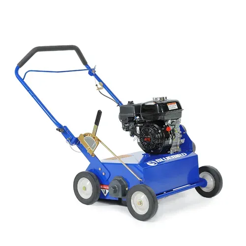 Blue gas-powered walk-behind lawn mower with black engine and four wheels on a white background