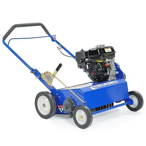 Blue push lawn mower with black engine and gray wheels on a white background