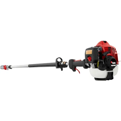 Gas-powered hedge trimmer with a long silver shaft and red-and-black motor