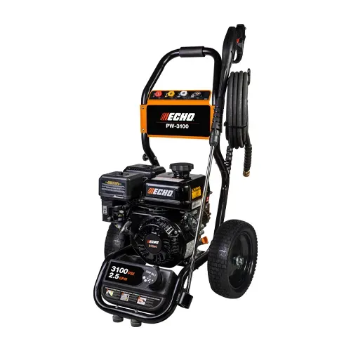 Black and yellow ECHO pressure washer with hose and wheels on a white background