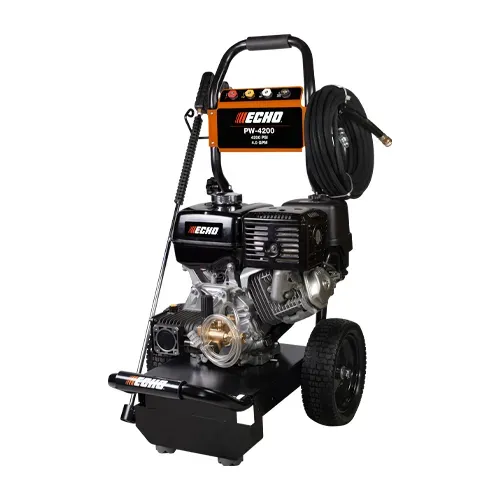 Gas-powered pressure washer with hose reel, black frame, and wheeled cart setup