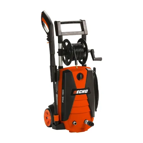 Orange and black ECHO pressure washer with hose reel on a white background