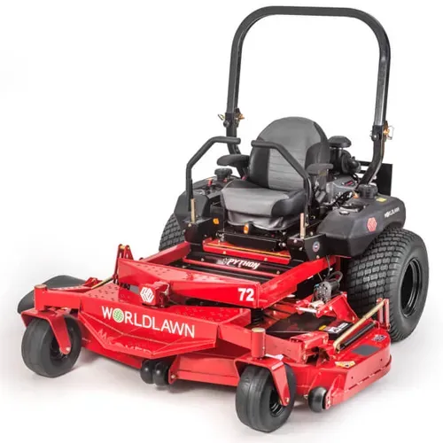 Red Worldlawn zero-turn mower with black seat and roll bar, shown on a white background