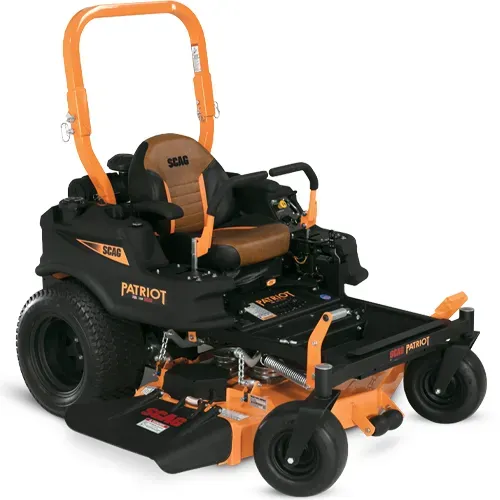 Orange-and-black riding lawn mower with front caster wheels and a high roll bar