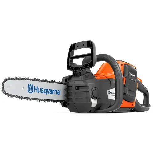 Orange and black Husqvarna chainsaw with a silver blade on a white background