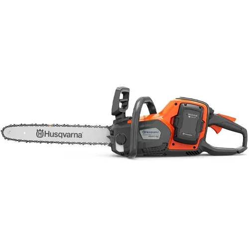 Orange and gray Husqvarna chainsaw on a white background