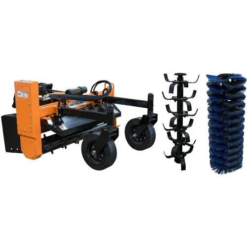 Orange industrial floor scrubber with black attachments and blue cylindrical brush on a white background
