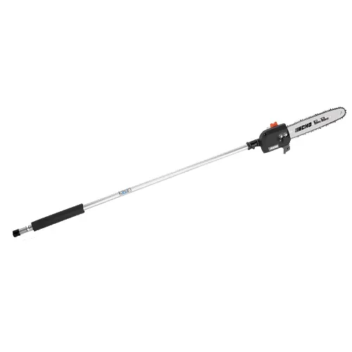 Gas-powered pole saw with black handle and silver cutting blade on a white background