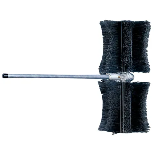 Black-bristled toilet brush with long silver handle on a white background