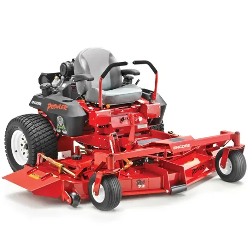 Red zero-turn riding mower with a gray seat and front caster wheels on a white background
