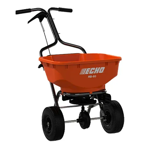 Orange ECHO spreader cart with black handle and wheels on a white background