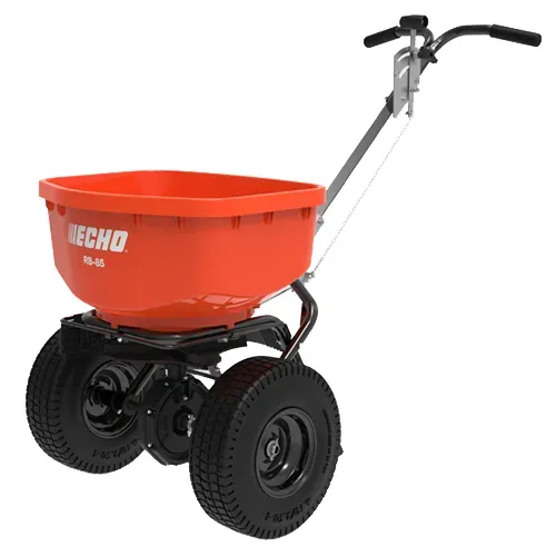 Orange ECHO seed spreader with black wheels and handle, isolated on white background