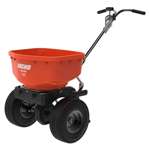 Orange spreader cart with black wheels and handle on a white background