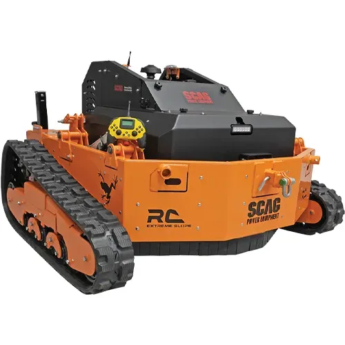 Orange and black tracked construction machine with front blade and SCAG branding