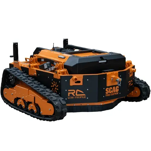 Orange-and-black tracked commercial mower on a white background