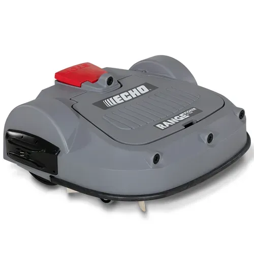 Gray Echo robot lawn mower with red top, shown on a white background