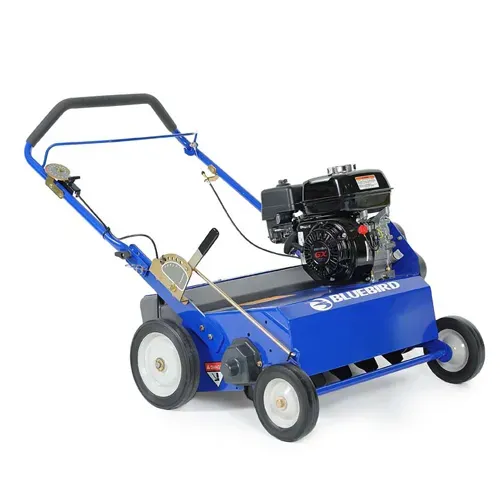 Blue and black gas-powered lawn mower on white background