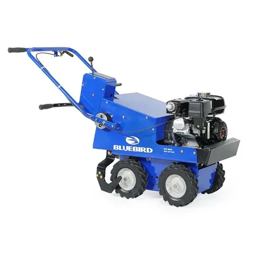 Bluebird walk-behind snow blower, blue and black, with large tires on a white background