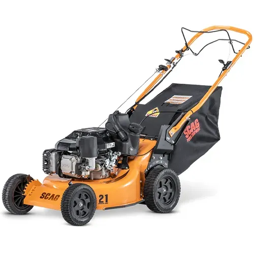 Orange SCAG lawn mower with black grass bag on white background