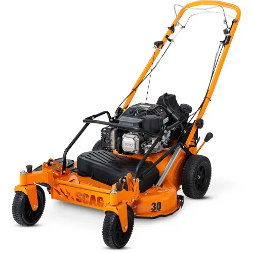 Orange and black commercial lawn mower with engine exposed, shown on a white background