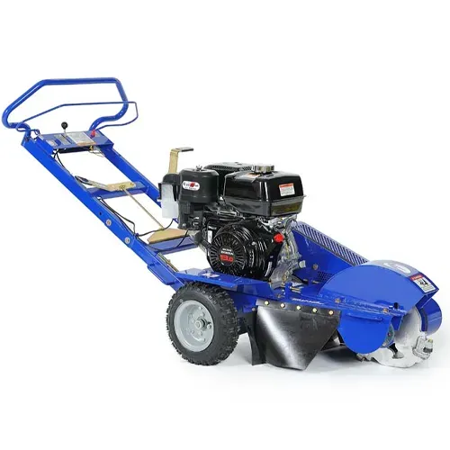 Blue tracked utility cart with black engine and steering handle on a white background