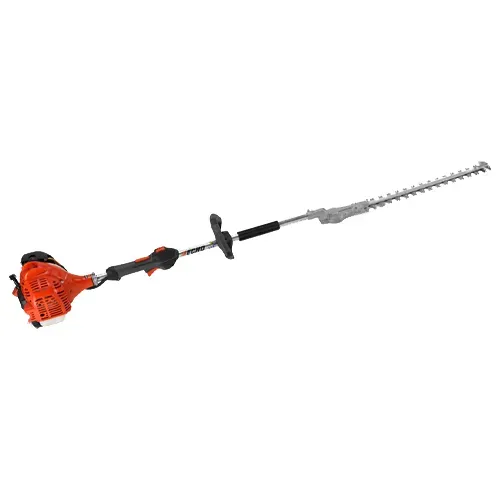 Orange gas-powered hedge trimmer with long silver cutting blade on a white background
