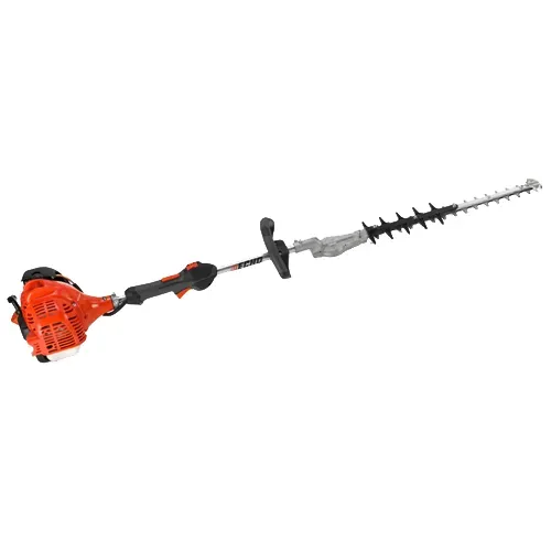 Orange gas-powered hedge trimmer with a long black cutting blade on a white background