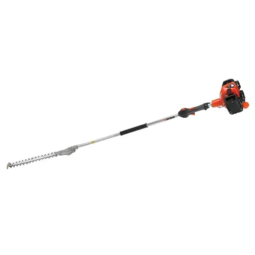 Black and orange gas-powered hedge trimmer with extended shaft on a white background