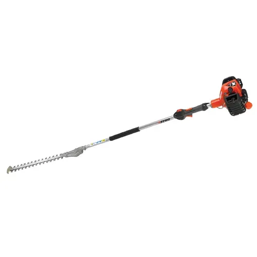 Gas-powered hedge trimmer with long blade and orange motor on a white background
