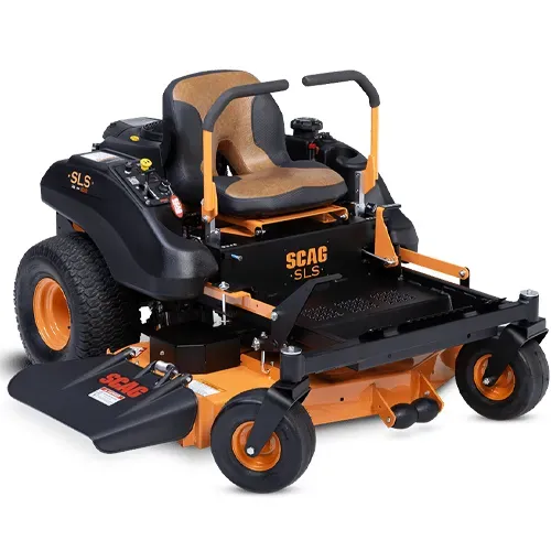 Black and orange SCAG zero-turn lawn mower with side discharge chute on white background