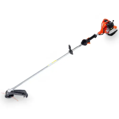 Orange and black gas-powered string trimmer with a long silver shaft on a white background